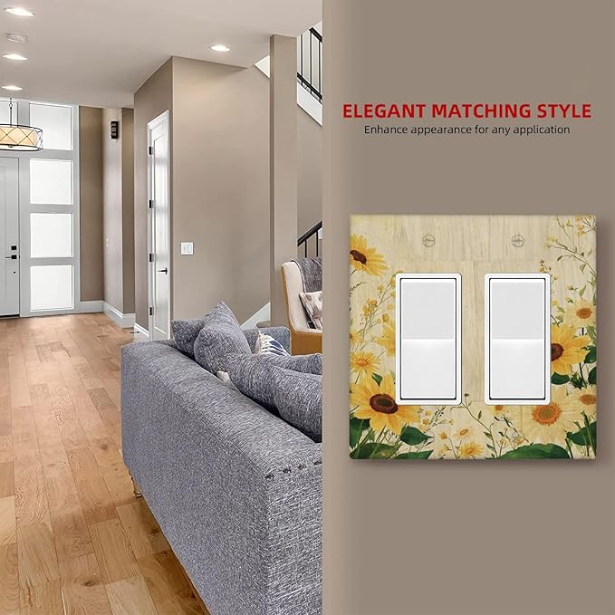 Decorative Outlet Covers with Vintage Botanical Sunflower Field Design 2 Gang Wall Plate Double Rocker Light Switch Cover Switch Plate Cover for Nature Yellow Blooms Wall Decor