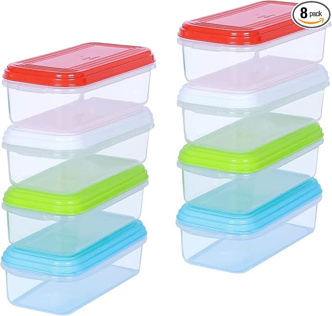 Small Plastic Food Storage Containers with Lids, 8-Pack 8oz (1 Cup / 250 ml) Rectangular Freezer Portion Containers for Leftovers, Spices & Soup, BPA-Free, Stackable, Leak-Resistant, Microwave Safe