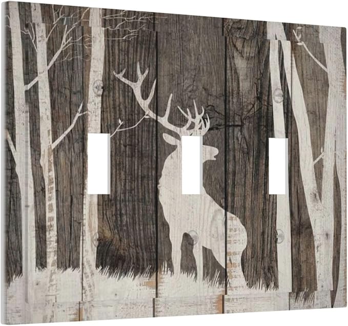 Vintage Wood Forest Deer Wildlife Animal Silhouette Decorative Switch Plates 3 Gang Wall Plate Triple Toggle Light Switch Cover Faceplate Electrical Wall Panels for Farmhouse Home Decor