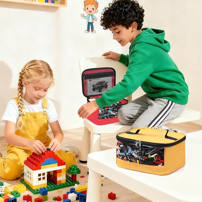 4 PCS Toy Storage Bags, Transparent PVC Toy Organizer Bag with Manual Pocket for Classic Building Bricks, Puzzles, Toy Cars, Large Size, Multicolor