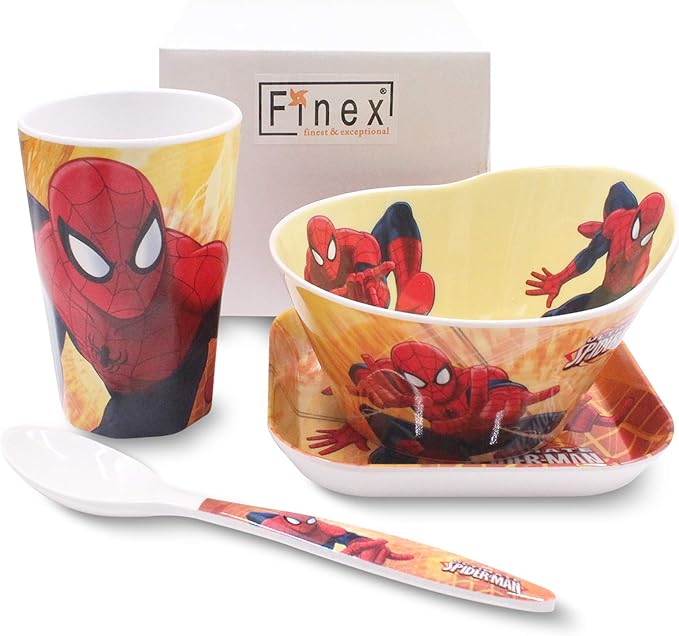 4 Pcs Set Cartoon Durable Tableware Meal Dishes Mealtime Food Feeding Eating Set includes Dinner Serving Bowl Plate Cup with a Matching Spoon and Fork