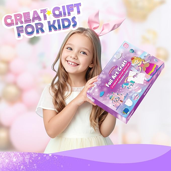 URMYWO Fun Foil Art Craft Supplies Kits, Princess Arts and Crafts for Kids Ages 4-8, No Mess DIY Creative Activity Sticker & Coloring Books, Travel Toys, Gifts for 4 5 6 7 8 9 10 Year Old Girls Boys