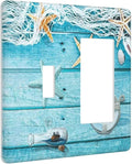 Aqua Teal Fishing Net Wood Plank 2 Gang Single Toggle/Rocker Combination Light Switch Cover Nautical Beach Seashell Coral Decorative Electrical Combo 1-Decorator/GFCI 1-Toggle Switch Face Wall Plate