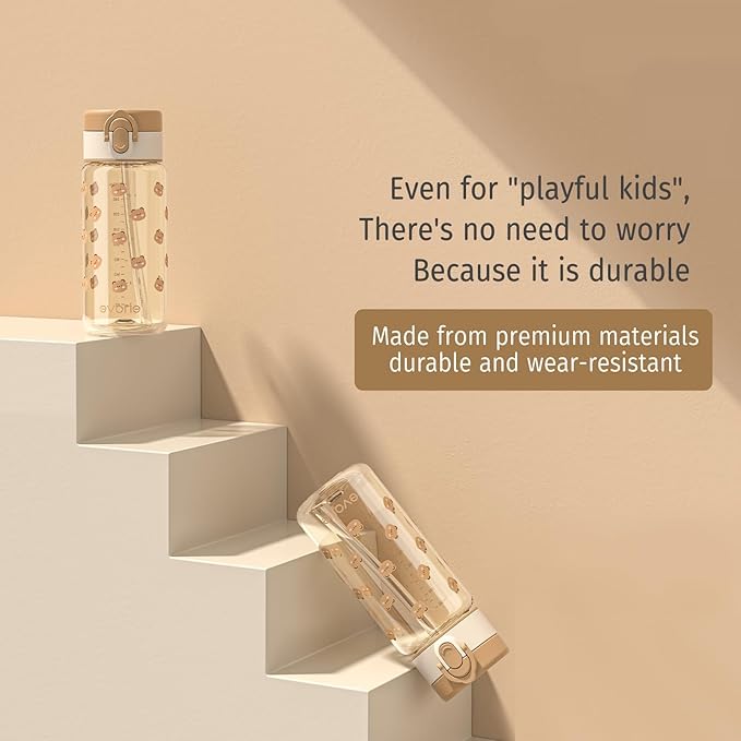 Evorie Tritan Kids Water Bottle with Straw, 13oz BPA-Free Leak Proof Drinking Bottle for School & Travel, Clear Water Bottle with Carry Strap, Dishwasher Safe, for Kids Ages 3+ (Honey Bear)