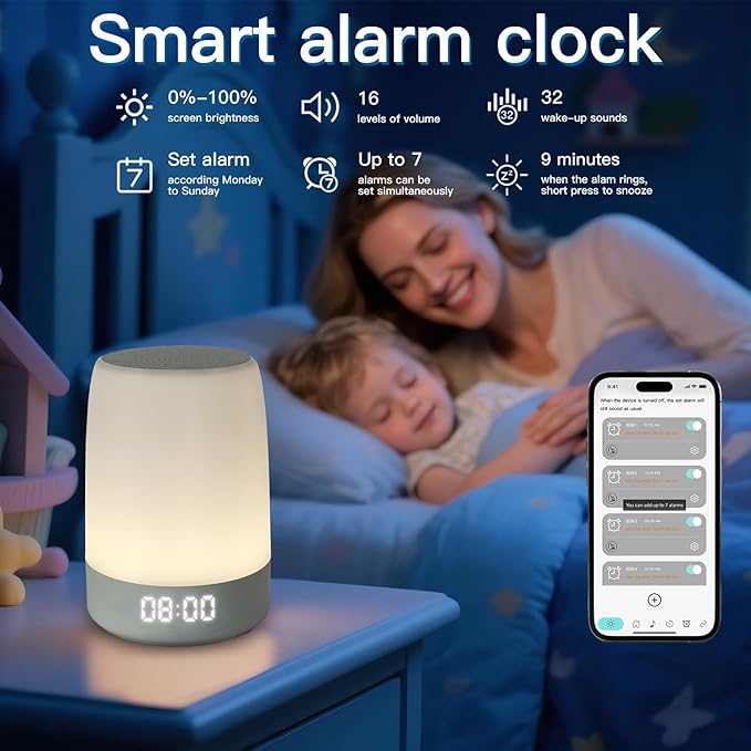 Sound Machine White Noise Machine with 32 Soothing Sounds, Bluetooth Speaker Alarm Clocks for Bedrooms with Wake up Light, Night Light for Kids, App Control Birthday Gifts for Teenage Girls Boys Women
