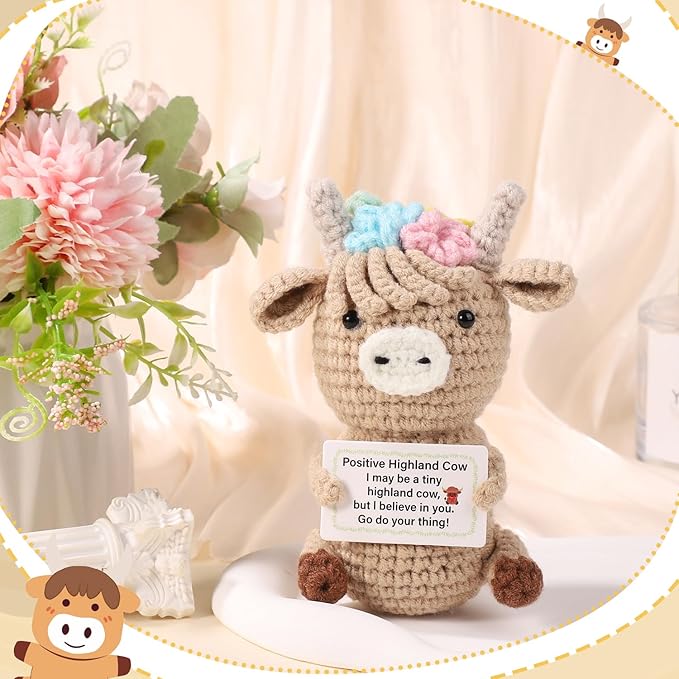 Knitted Highland Cow, Funny Cute Positive Cow Crochet Inspirational Knitted Doll with Positive Card Uplifting Knitted Toy Gift for Friends Family Party Decoration