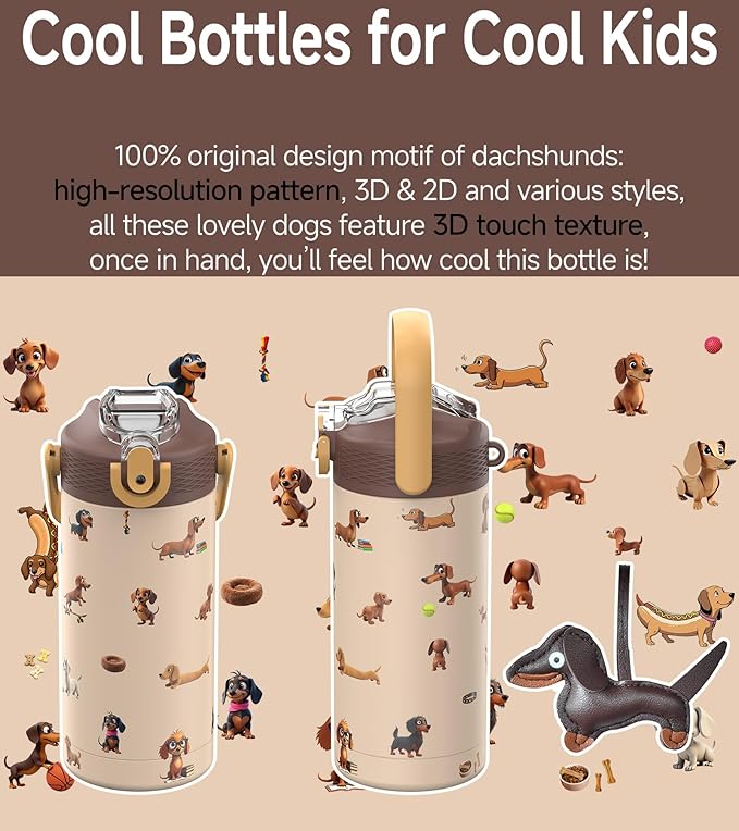 MYFOREST 14oz/400ml Insulated Kids Water Bottle, Odor-Free Surgical Grade Liner, Dishwasher-Safe, Name Spot, Soft Sipper, Gift for Dog Person (Beige. Dachshunds)