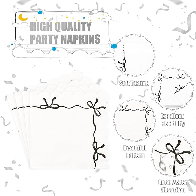 CANREVEL 96 PCS Black Bow Party Plates Serve 24, Bow Plates and Napkins Forks Set, Disposable Tableware for Bow Birthday Supplies Black Party Decorations for Grils Kids Women