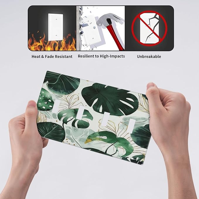Boho Tropical Green Leaf Watercolor Banana Leaves Light Switch Covers Quad Toggle Electrical Faceplate 4 Gang Wall Plate Decorative Switch Plates For Bed Room Living Room Decor