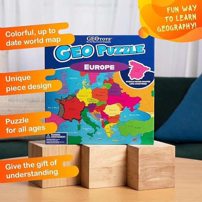 GeoToys GeoPuzzle, Europe Jigsaw Puzzles, 58 Pc Geography Game & Map Puzzle, Educational Games & Kids Learning Activities, Puzzle Gifts for Children Ages 6-9, Fun Learning Toys for Kids
