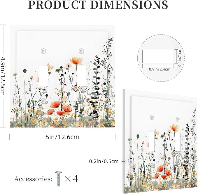 Vintage Country Style Watercolor Leaves Wildflowers Floral Decorative Switch Plates 2 Gang Double Toggle Outlet Light Switch Cover Wall Plate Electrical Faceplate for Bedroom Living Room Decor
