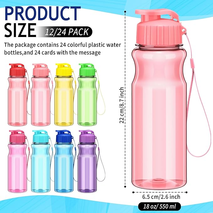 24 Pack Water Bottles for Kids School Bulk 18 oz Leakproof Reusable Sports Water Bottles Decorations End of The Year Gifts for Students from Teacher for Kids Graduation Classroom Prizes