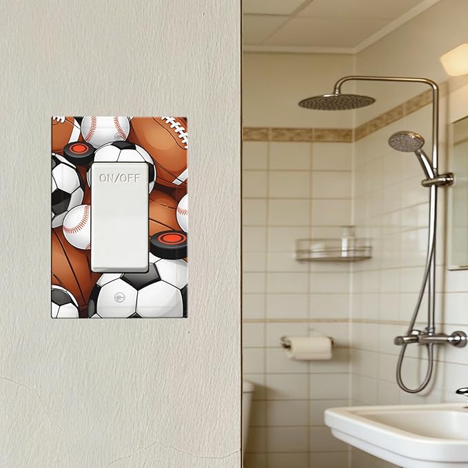 All-Star Sports Balls Collage Single Rocker Switch Cover - 1-Gang Standard US Size Football Baseball Soccer Game Day Themed Light Switch Covers for Boy's Bedroom Decor