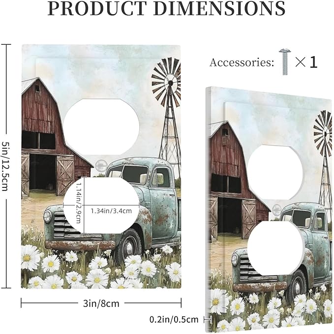 Retro Trucks Old Barn Windmill Teal Car Rustic Outlet Covers 1 Gang Duplex Light Switch Cover Decorative Switch Plates Electrical Receptacle Faceplate Wall Plate for Farmhouse Home Decor