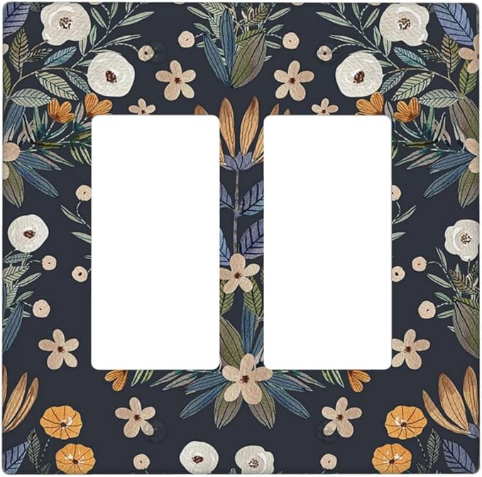 Boho Leaf Floral Navy Blue Background 2 Gang Rocker Decora Light Switch Covers Dual Outlet Covers Wall Plate Decorative Switchplate Electrical Faceplate GFCI for Farmhouse Country Bedroom Decor