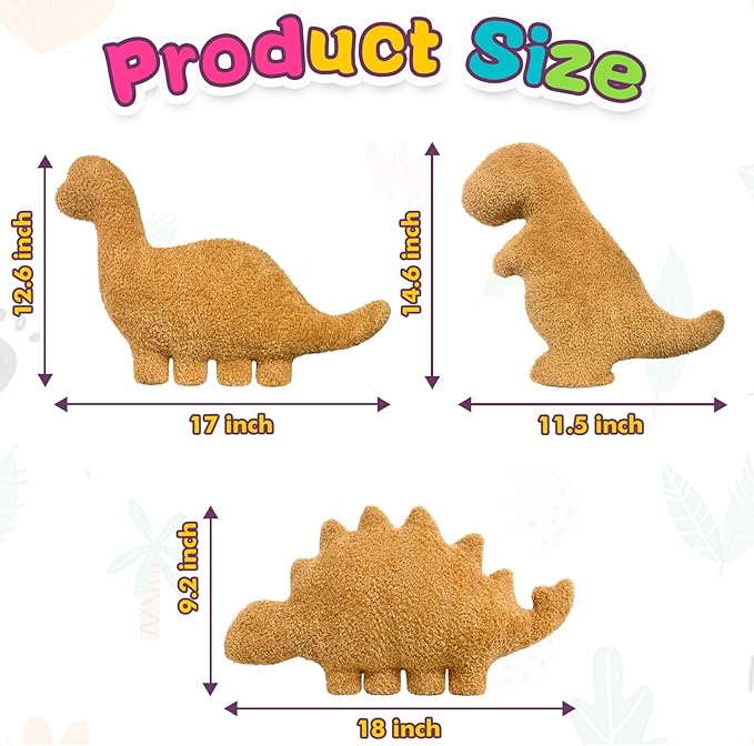 Andywoo Dino Chicken Plush Nuggets Pillow for Funny Birthday Gifts, Cute Funny Stuffed Animals Toy for Boy and Girl, Dinosaur Gifts for Kids Teens and Adults (3 Pack, Small)