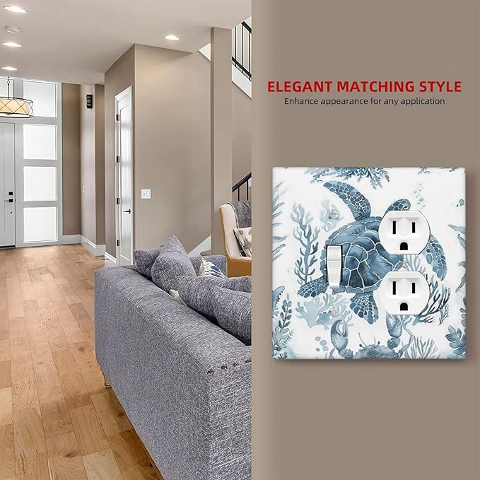 Blue Sea Turtle Coastal Coral Beach Crab Seaweed Wallplates 1 Toggle 1 Duplex Switch Plate Electrical GFCI Faceplate Decorative Light Switch Covers for Kids Room Bathroom Decor
