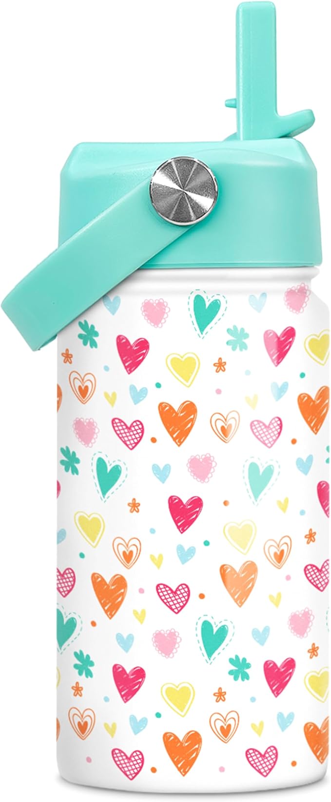Kids Water Bottle with Straw Lid - Insulated 12 Oz Stainless Steel Water Bottles for Girls - Heart Water Bottle Travel Cup for School Sports