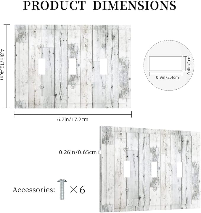 Grey White Wood 3 Gang Triple Toggle Light Switch Wall Plate Cover Decorative Electrical Faceplate for Rustic Barn Door Home Living Room Decorate 6.7" x 4.8