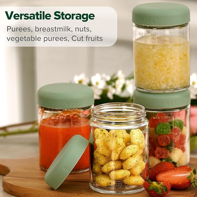 haakaa Baby Food Storage Containers Set,100% Leak-Proof Glass Baby Food Jars with Silicone Lids, Fridge –Freezer & Microwave Safe,4 PCS 7 oz,Pea Green
