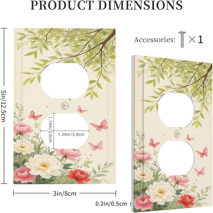 Outlet Covers Garden Flowers Green Leaves And Butterflies 1 Gang Duplex Electrical Receptacle Faceplate Light Switch Cover Wall Plate Decorative Switch Plates for Bedroom Cabin Decor
