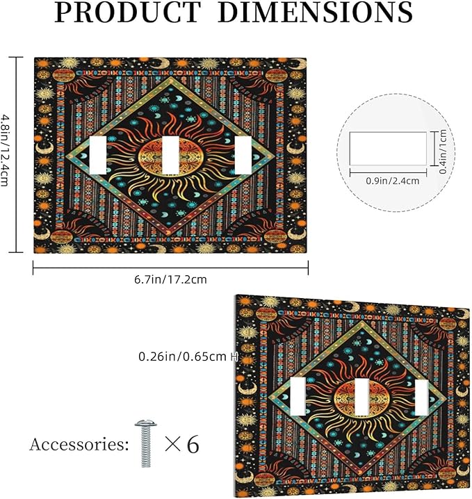 Light Switch Cover Boho Burning Sun Hippie Retro Bohemian Gypsy 3 Gang Wall Plate Triple Light Switch Plate Toggle Decorative Outlet Covers Electrical Switchplate for Bathroom Home Decor