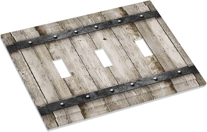 Rustic Vintage Brown Grey Wood Plank Print 3 Gang Light Switch Plate Decorative Western Kitchen Barn Cabin Wooden Board Grain Triple Toggle Electrical Outlet Switch Plug Face Plate Cover Mid Size