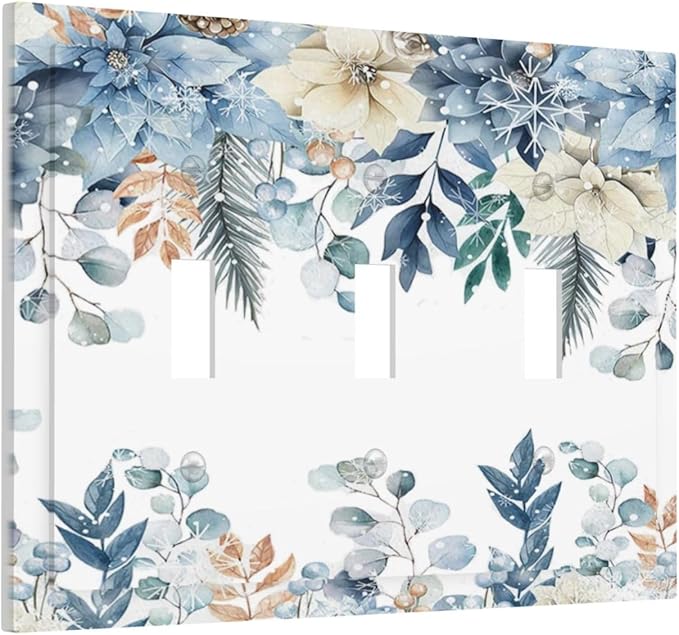 Blue Vine Snowflake Plants Leaves Floral Flowers Decorative Switch Plates 3 Gang Wall Plate Triple Toggle Light Switch Cover Faceplate Electrical Wall Panels for Bedroom Living Room Decor