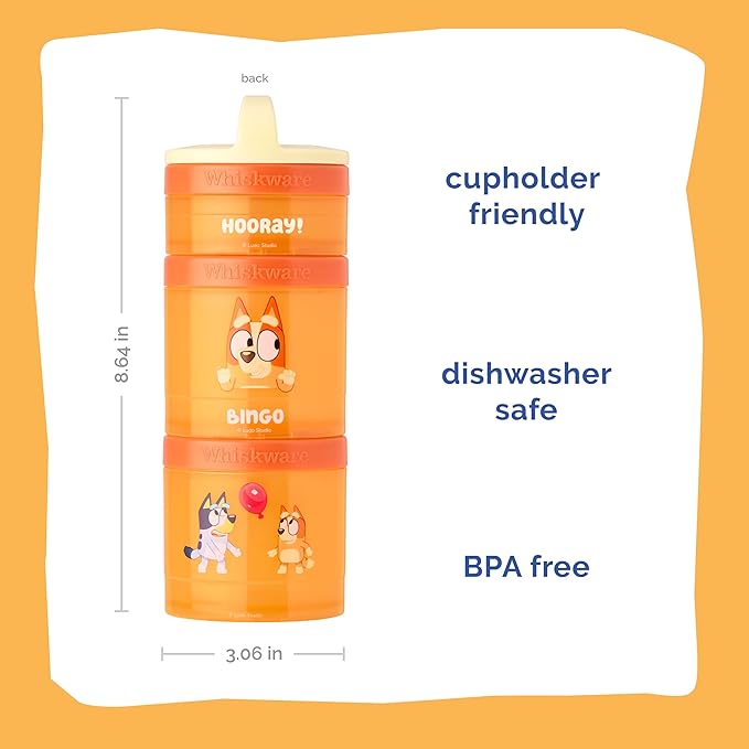Whiskware Bluey Stackable Snack Containers for Kids and Toddlers, 3 Stackable Snack Cups for School and Travel, Bluey and Bingo, Hooray(Pack of 1)