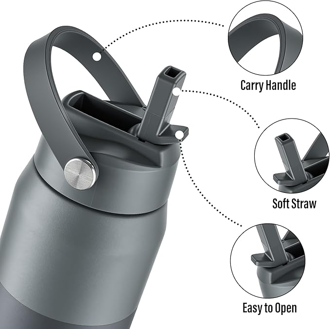 Oldley 24oz Insulated Water Bottle with Straw, Stainless Steel Water Bottle for Sports, Travel, School, BPA-Free Sports Bottles for Adult Kids, Leak-Proof, Cool-Deep Gray Layering