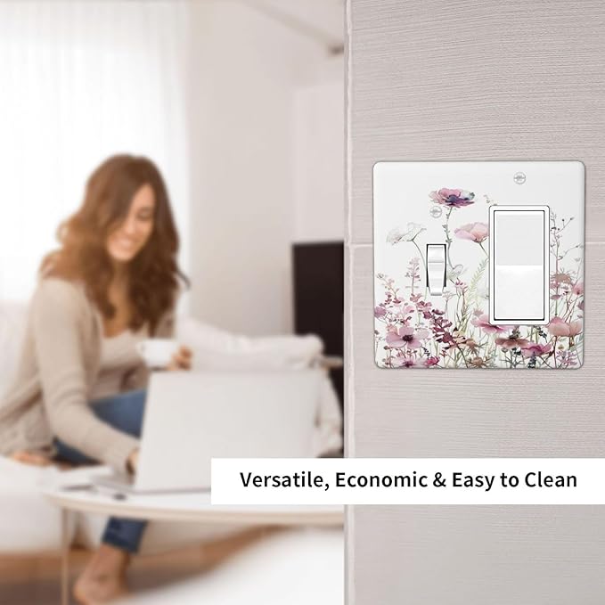 Floral Pink Watercolor Wildflowers Plant Flower Outlet Covers 1 Toggle 1 Rocker Combination Decorative Wall Plate Electrical Switch Plates Light Switch Cover Plate for Bedroom Living Room Decor