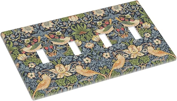 Light Switch Covers Morris Strawberry Thrush Birds Colorful Plants Quad Toggle Electrical Faceplate 4 Gang Wall Plate Decorative Switch Plates For Bed Room Living Room Decor