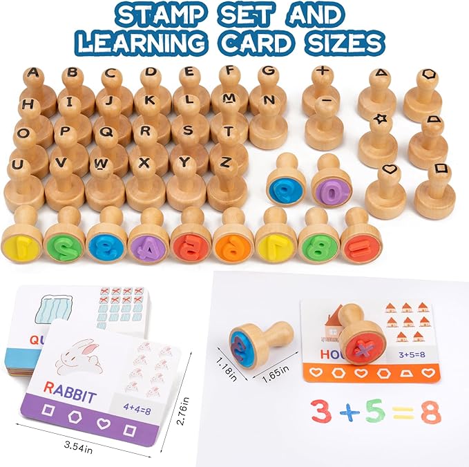 Alphabet Number Stamps for Kids, Wooden ABC Spelling Letter Stampers Set with Flashcard Mathematics Learning Number Stampers Arts & Crafts Supplies, Montessori Toy Gifts for 3 4 5 Year Old