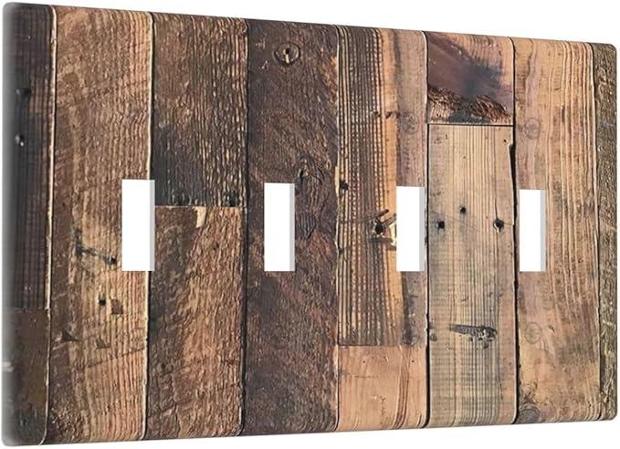 Rustic Brown Wood Plank Vintage Country Wooden Board Light Switch Covers Quad Toggle Electrical Faceplate 4 Gang Wall Plate Decorative Switch Plates for Farmhouse Home Decor