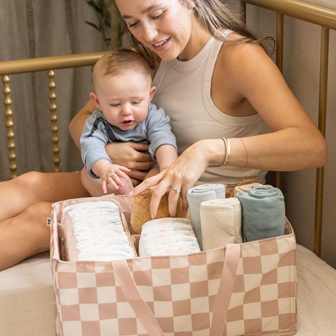 Tiny Twinkle Diaper Caddy Organizer | Foldable Baby Storage Basket with Removable Divider | Waterproof & Mess-Proof Fabric, Portable Nursery Organizer for Newborn Essentials (Beige Checkers)