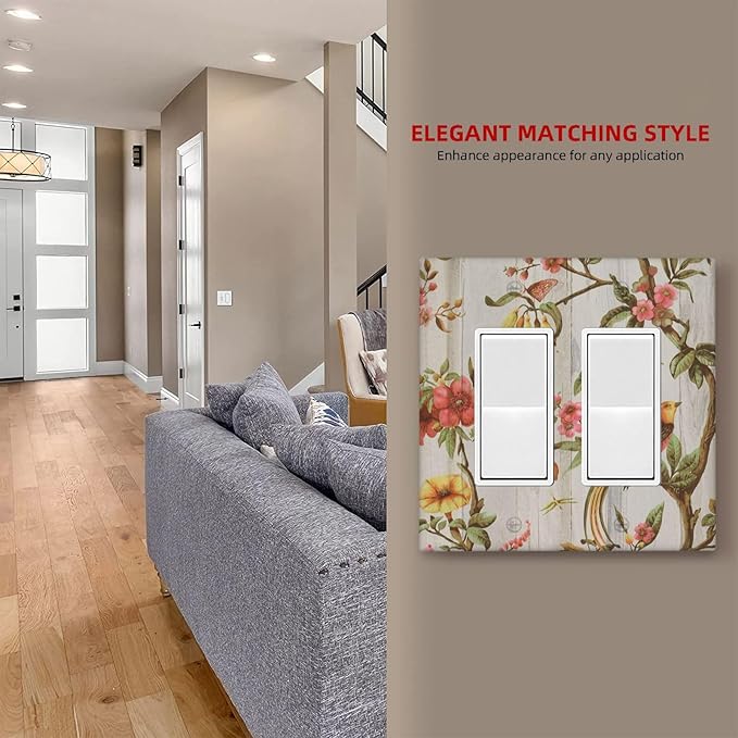 Flowers Bird Tree Retro Spring Floral Branch 2 Gang Double Rocker/Decora Light Switch Cover Decorative Wallplate Oriental Chinese Landscape Drawn Gfci Electrical Faceplate Home Bedroom Art Decor