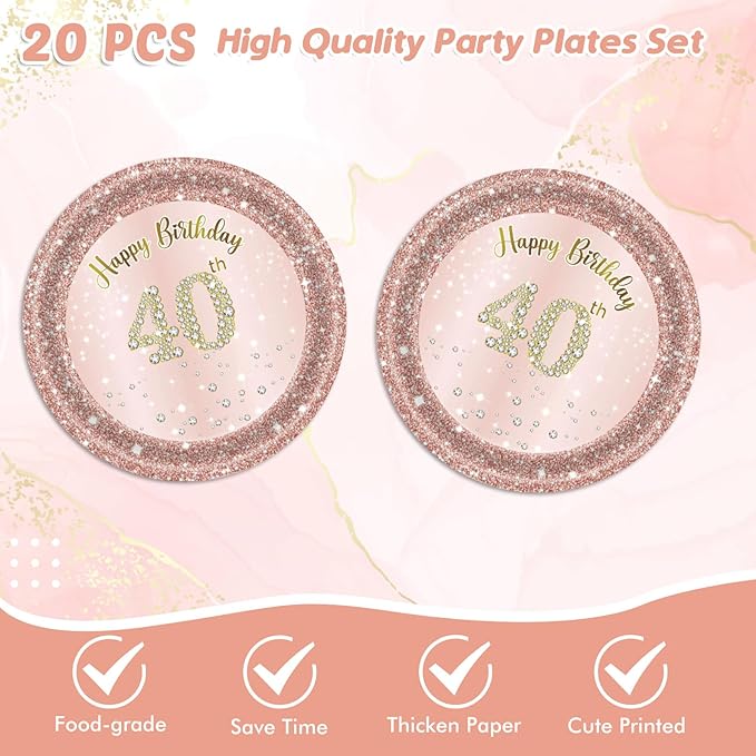 Ryzovo 41Pcs 40th Birthday Decorations, Rose Gold Birthday Party Supplies Include 20Pcs Plates 20Pcs Napkins and 1Piece Tablecloth, Sweet Forty Year Old Birth Party Tableware for Girl Ladies Women