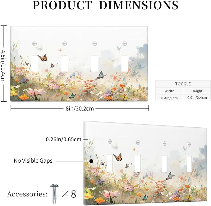 Wildflowers Watercolor Floral Colorful Butterfly Light Switch Covers Quad Toggle Electrical Faceplate 4 Gang Wall Plate Decorative Switch Plates for Farmhouse Bed Room Decor