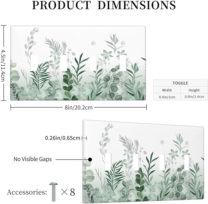 Watercolor Green Leaf Rustic Plant Eucalyptus Flowers Light Switch Covers Quad Toggle Electrical Faceplate 4 Gang Wall Plate Decorative Switch Plates for Bed Room Living Room Decor