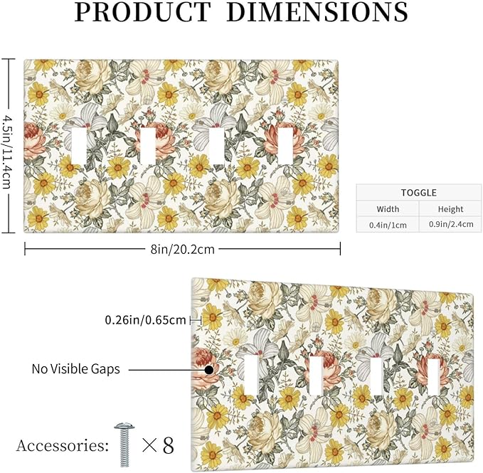 Multicolor Peony Daisy Vintage Floral Flower Light Switch Covers Quad Toggle Electrical Faceplate 4 Gang Wall Plate Decorative Switch Plates for Bedroom Living Room Decor