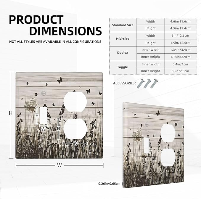 Wildflower Butterfly Grass Dandelion Vintage Wooden Print Wallplates 1 Toggle 1 Duplex Switch Plate Electrical GFCI Faceplate Decorative Light Switch Covers for Farmhouse Home Decor