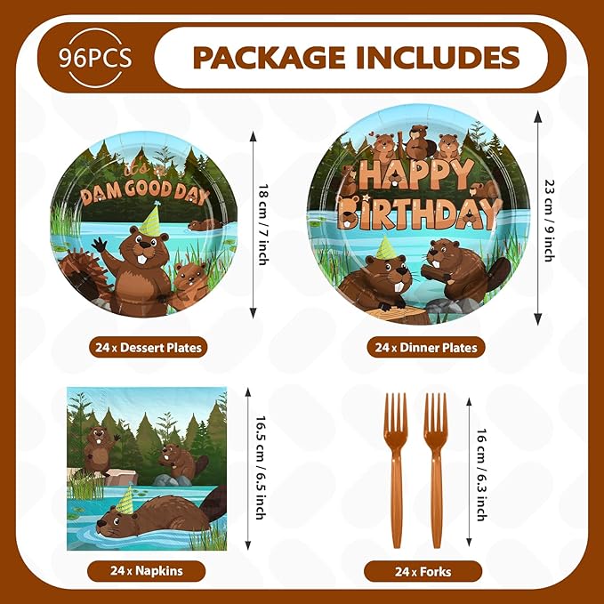 96Pcs Beaver Birthday Party Supplies Cute Cartoon Beaver Plates and Napkins Brown Wild Animal Disposable Tableware Sets for Kids Baby Shower Birthday Castor Jungle Animal Party Decorations, Serves 24