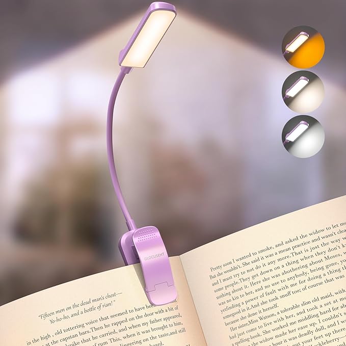 Glocusent 13 LEDs Book Lights for Reading at Night, 120 Hrs Runtime Rechargeable Reading Light, Eye Caring 3 Colors & 5 Stepless Dimming Brightness 3–60LM, Flexible Clip on Light for Book Lovers Kids