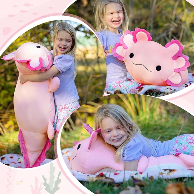 BENINY 39-Inch Giant Hot Pink Axolotl Plush Pillow - Extra Soft Huggable Stuffed Animal, Big Cuddly Toy Gift for Girls & Kids, Holiday Birthday