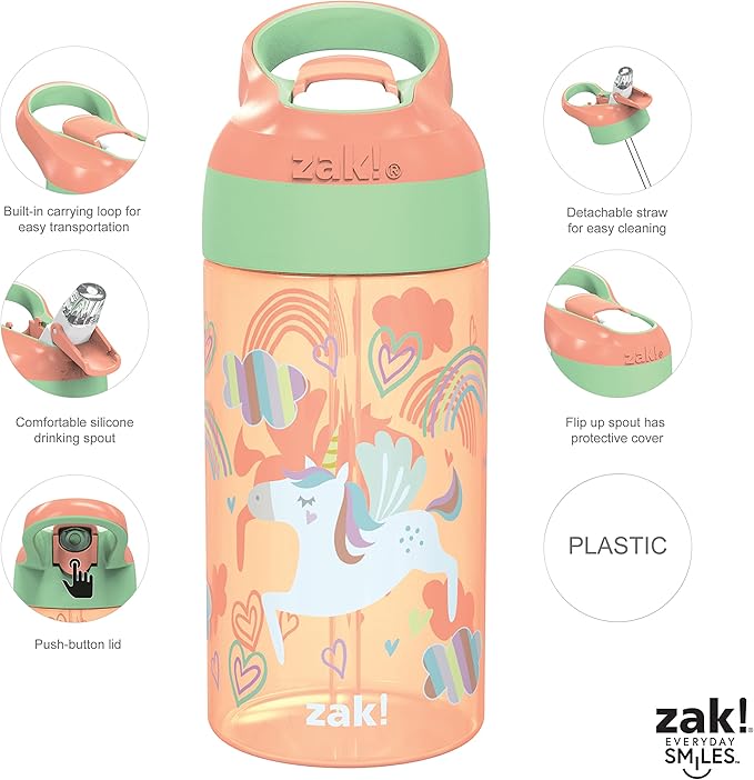Zak Designs 16oz Riverside Kids Water Bottle with Spout Cover and Built-in Carrying Loop, Made of Durable Plastic, Leak-Proof Water Bottle Design for Travel (Unicorn & Dino Camo, Pack of 2)