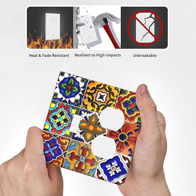 Vintage Colorful Boho Mexican Moroccan Tile Wallplates 1 Toggle 1 Duplex Switch Plate Electrical GFCI Faceplate Decorative Light Switch Covers for Farmhouse Home Decor