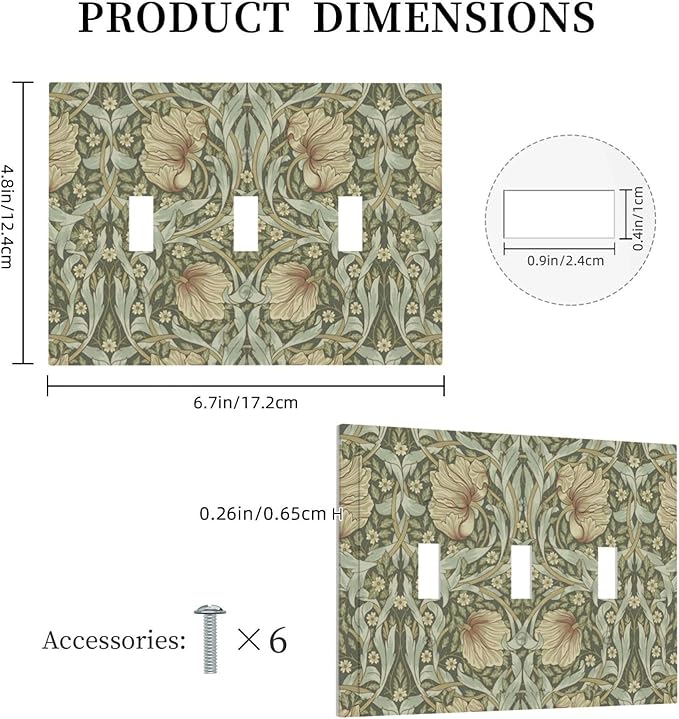 William Morris Pimpernel Flowers 3 Gang Light Switch Cover Vintage Floral Green Botanical Triple Toggle Wall Plate Decorative Electrical Switchplates for Country Bedroom Kitchen Home Decor