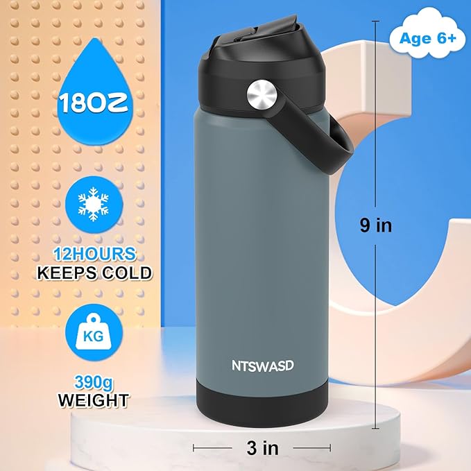 Kids Water Bottle with Straw,18 oz Boys Insulated Cups with Stainless Steel Leak Proof for School Boys Girls,Sport&Travel（Grey）