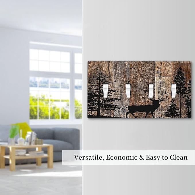 Light Switch Covers Rustic Forest Antler Elk Deer Silhouettes Animals Wood Grain Quad Toggle 4 Gang Wall Plate Electrical Faceplate Decorative Switch Plates for Farmhouse Home Decor