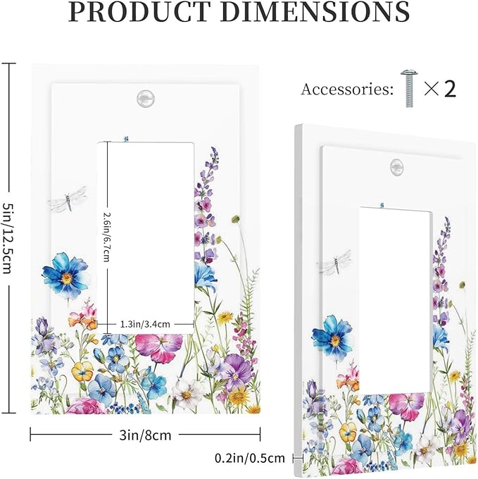 Decorative Outlet Covers Boho Colorful Flowers Plants And Dragonflies 1 Gang Single Rocker Light Switch Cover Plate Wall Plates GFCI Faceplate for Bedroom living Room Decor